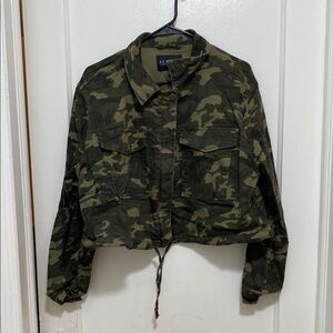 Eloquii Green Cropped Jean Jacket with Camouflage Design